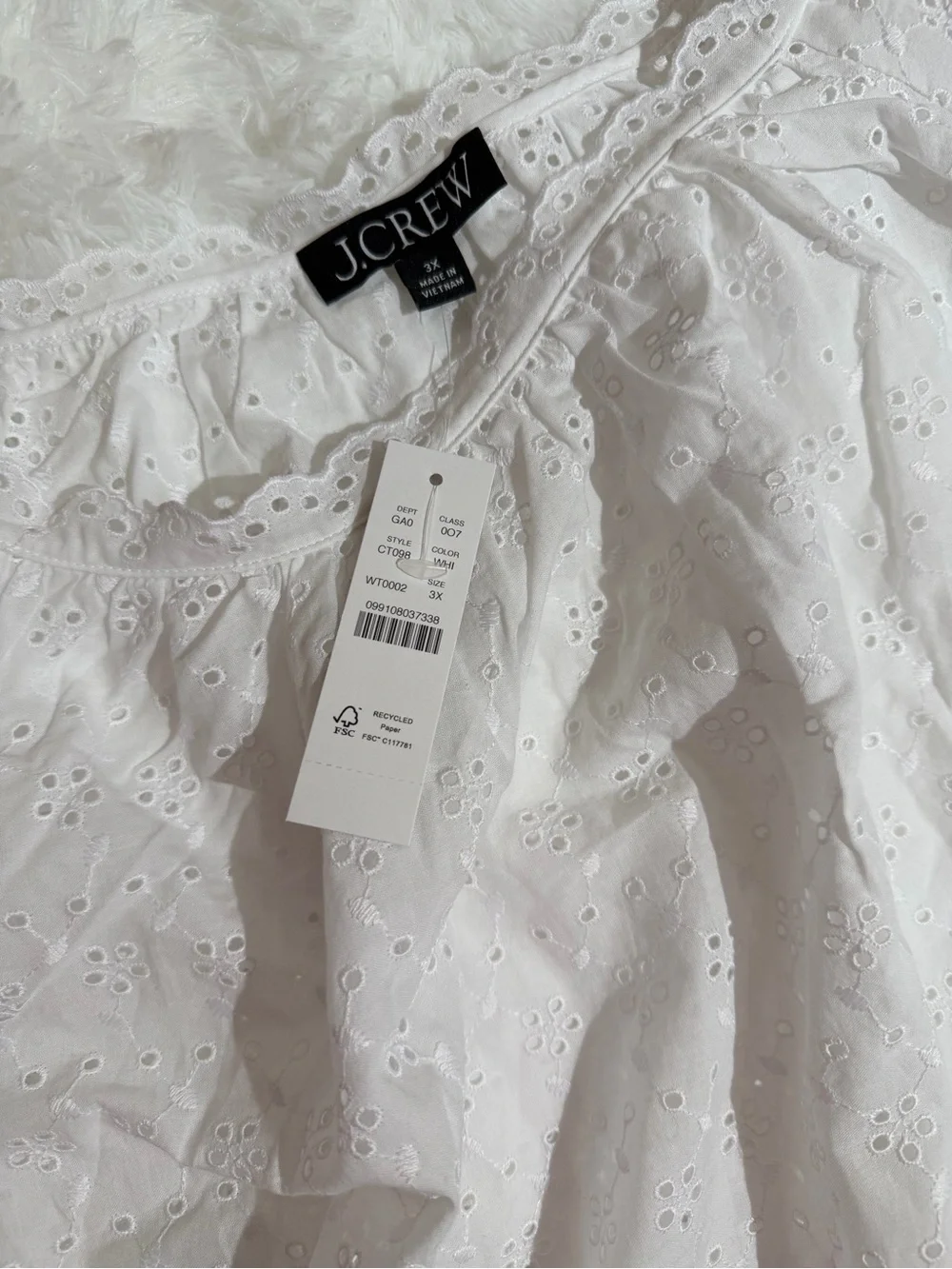 NWT J.Crew 3X Scallop Trim Eyelet Puff-Sleeve Top White Pointelle Blouse Shirt